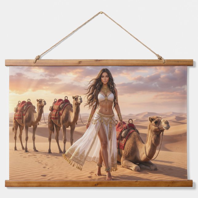 A Graceful Woman with Camels at Sunset Hanging Tapestry (Front)