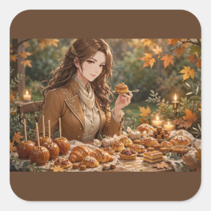 A graceful young woman enjoys a tiny golden tart square sticker