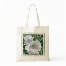 A grand white peony on canvas tote bag.