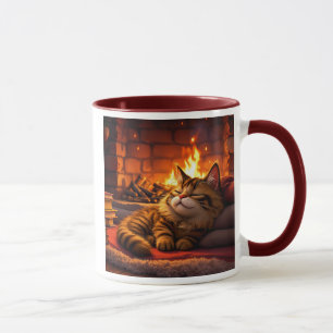 A gray cat sleeps peacefully on a carpet. mug