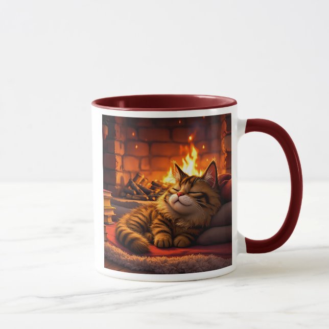 A gray cat sleeps peacefully on a carpet. mug (Right)