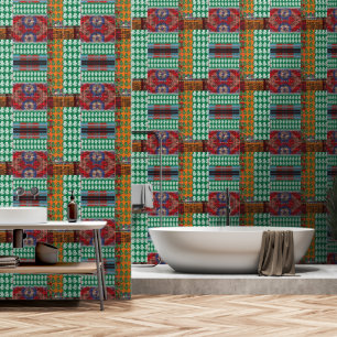 a green and black pattern with a tree in the middl wallpaper