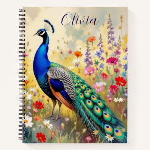 A Green and Blue Peacock in Flowers Personalised Notebook