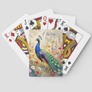 A Green and Blue Peacock in Flowers Personalized Playing Cards