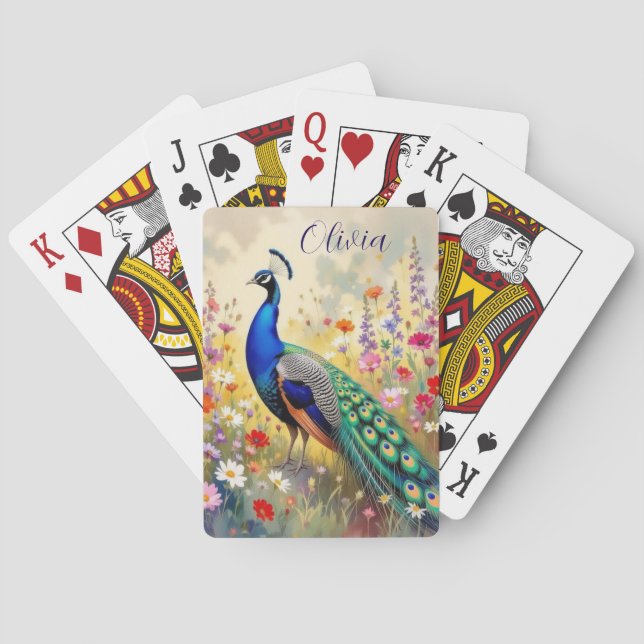 A Green and Blue Peacock in Flowers Personalized Playing Cards (Back)