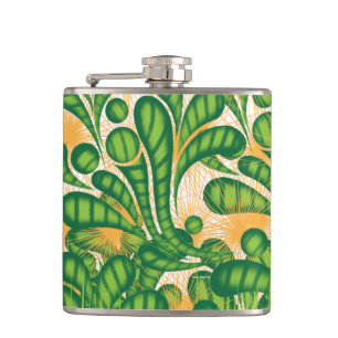 A green and gold artistic pattern depicting a tree hip flask