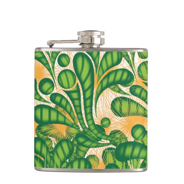 A green and gold artistic pattern depicting a tree hip flask (Front)