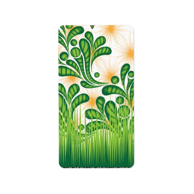 A green and gold artistic pattern depicting a tree label (Front)