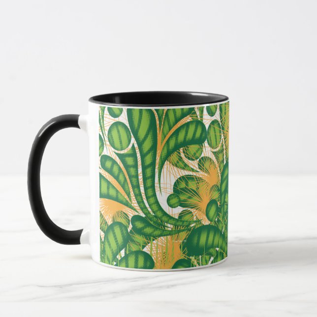 A green and gold artistic pattern depicting a tree mug (Left)