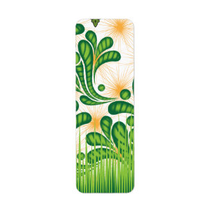 A green and gold artistic pattern depicting a tree return address label