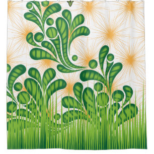 A green and gold artistic pattern depicting a tree shower curtain