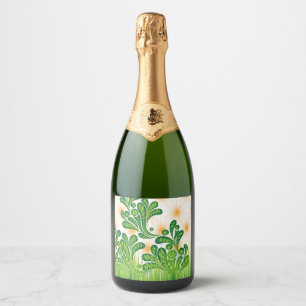 A green and gold artistic pattern depicting a tree sparkling wine label