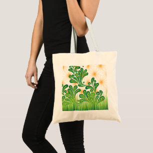 A green and gold artistic pattern depicting a tree tote bag