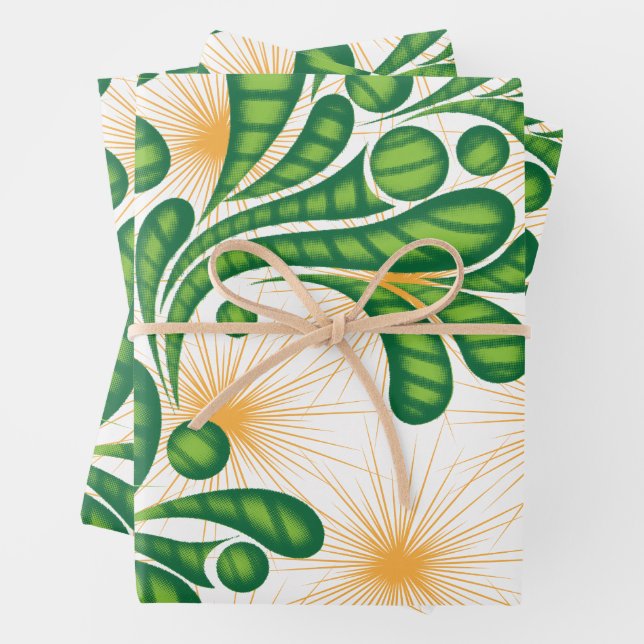 A green and gold artistic pattern depicting a tree wrapping paper sheet (In situ)