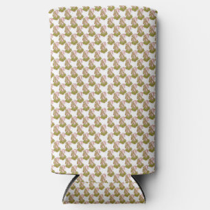 a green and white background with small leaves seltzer can cooler