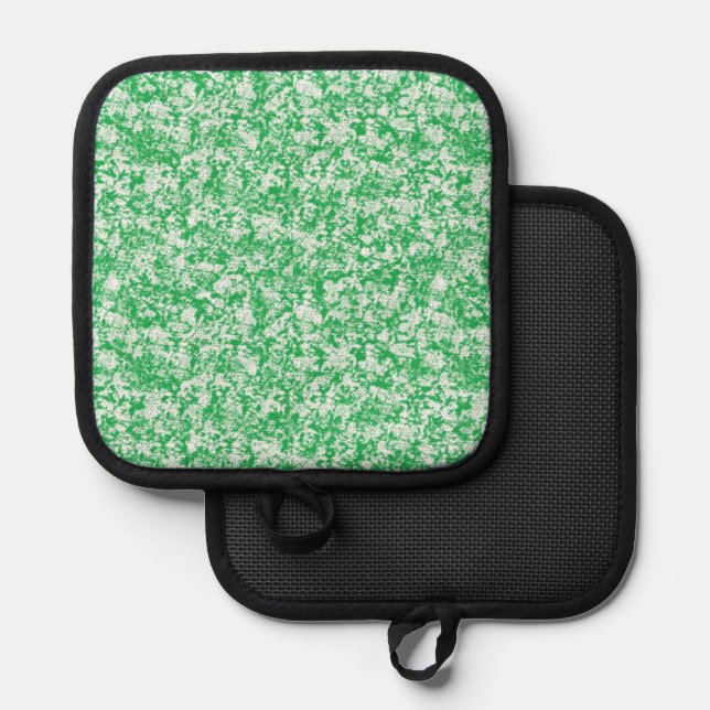 a green and white background with small white dots pot holder (Front/Back)