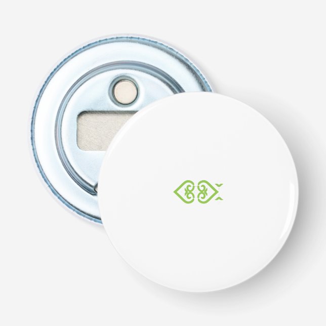 a green and white logo with a stylised design bottle opener (Front)