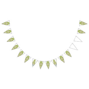 a green and white wallpaper with ornate designs bunting 