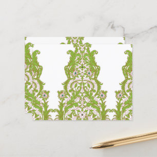 a green and white wallpaper with ornate designs postcard
