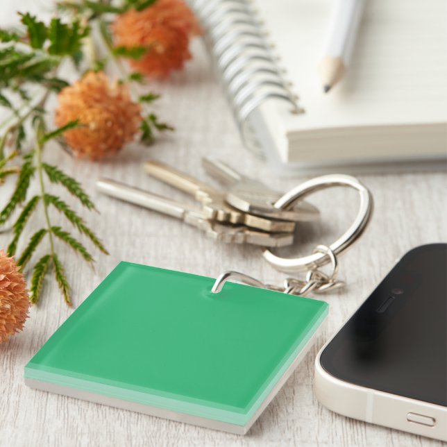 a green background with a white border key ring (Front Right)