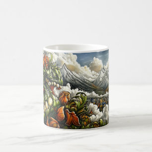A green dragon with sharp teeth and orange flowers coffee mug