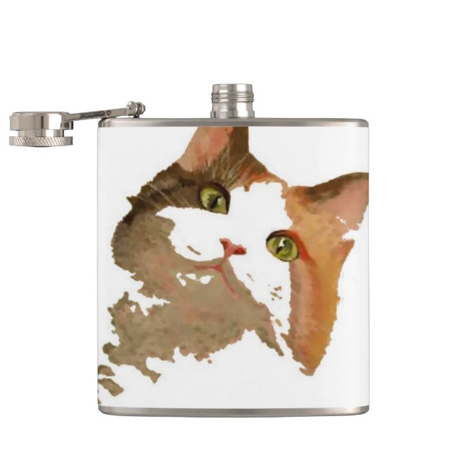 A Green Eyed Calico Cat Artistic Portrait Hip Flask (Opened)