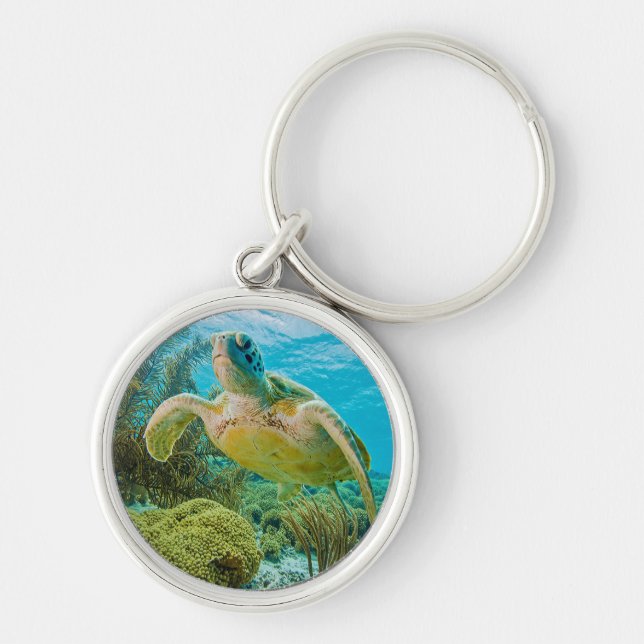 A Green Turtle On The Shallow Reefs Of Bonaire Key Ring (Front)