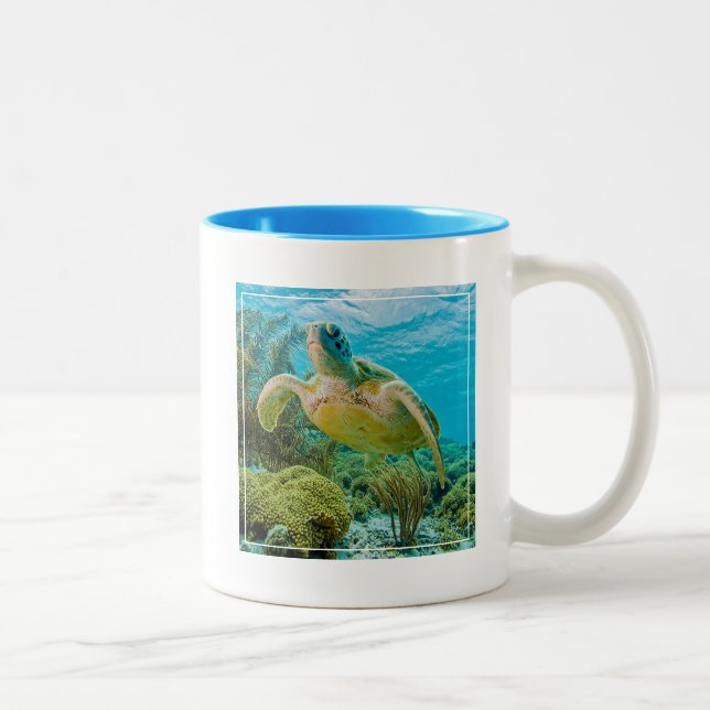 A Green Turtle On The Shallow Reefs Of Bonaire Two-Tone Coffee Mug (Right)