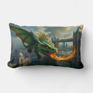 A Green Welsh Dragon Terrorizes London Lumbar Cushion