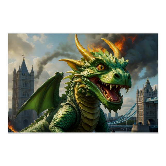 A Green Welsh Dragon Terrorizes London Poster (Front)
