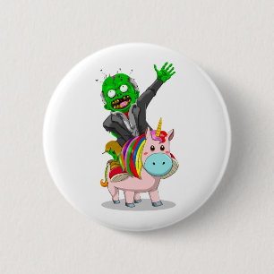 A green Zombie is riding a cute pink Unicorn for 6 Cm Round Badge