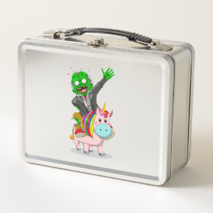 A green Zombie is riding a cute pink Unicorn for Metal Lunch Box