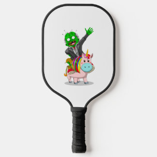 A green Zombie is riding a cute pink Unicorn for Pickleball Paddle