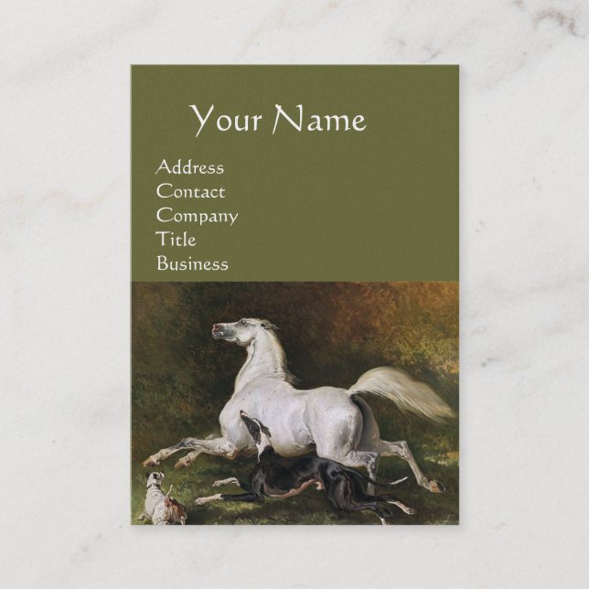 A Grey Arab Stallion Galloping With Dogs, Green Business Card (Front)