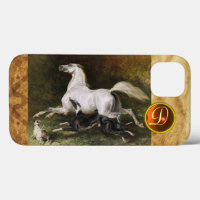 A Grey Arab Stallion Galloping With Dogs Monogram