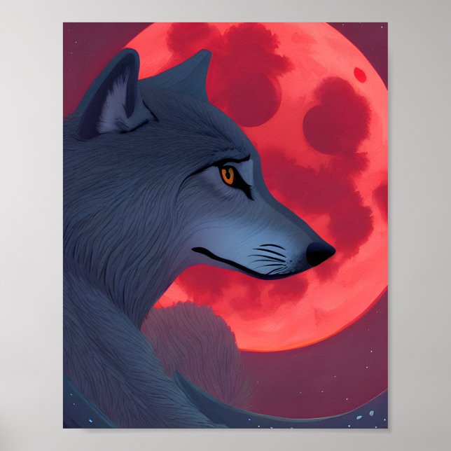 A Grey Wolf Staring at a Blood Moon  Poster (Front)