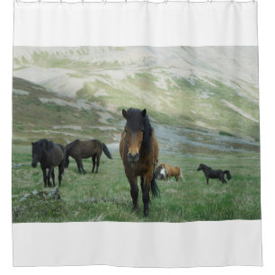 A GROUP OF HORSES ON A MOUNTAIN PASTURE SHOWER CURTAIN