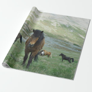 A GROUP OF HORSES ON A MOUNTAIN PASTURE WRAPPING PAPER