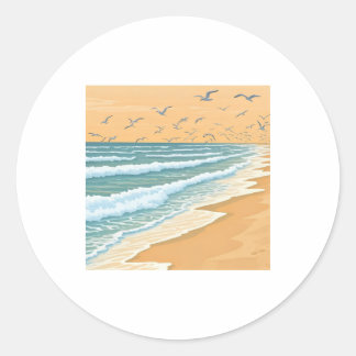 a group of seagulls flying over a beach with waves classic round sticker