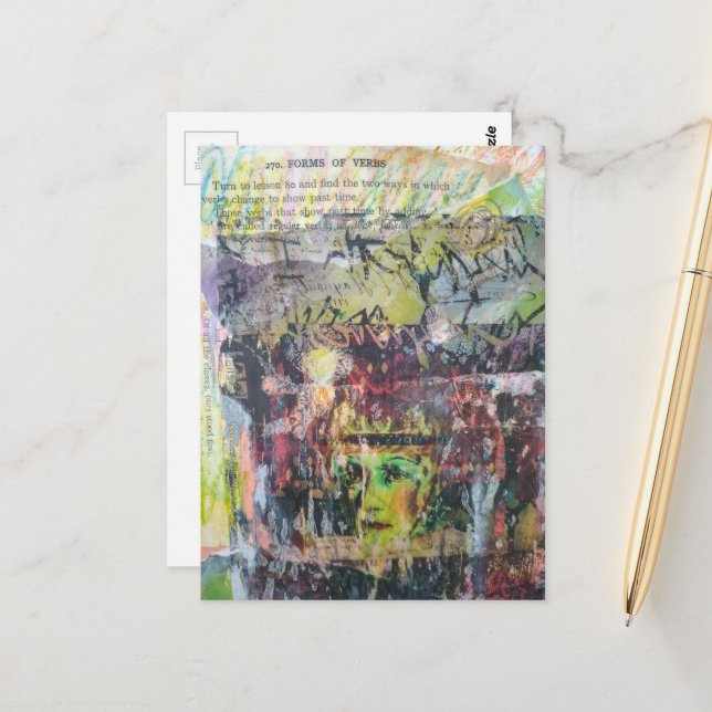 A grungy face verbs mixed media collage postcard (Front/Back In Situ)