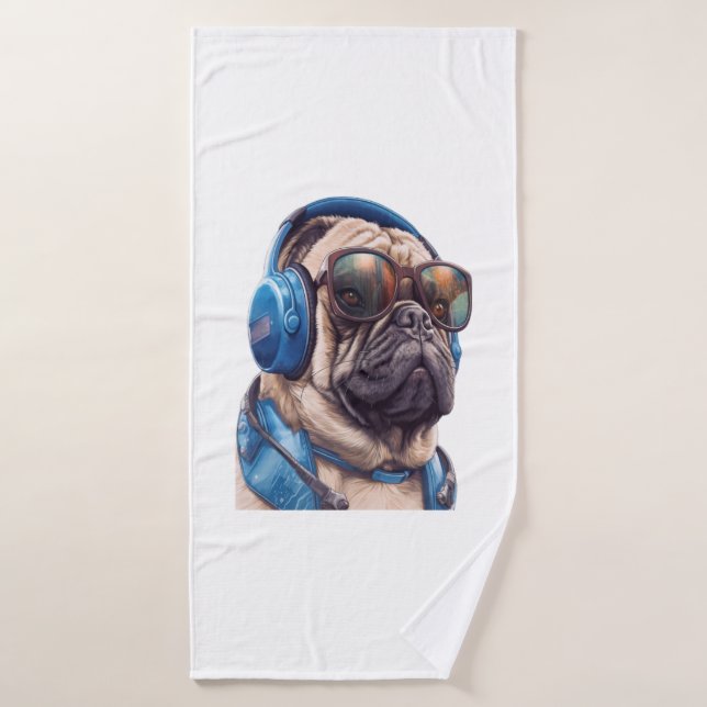 A Habu dog wearing sunglasses and headphones  Bath Towel (Bath Towel)