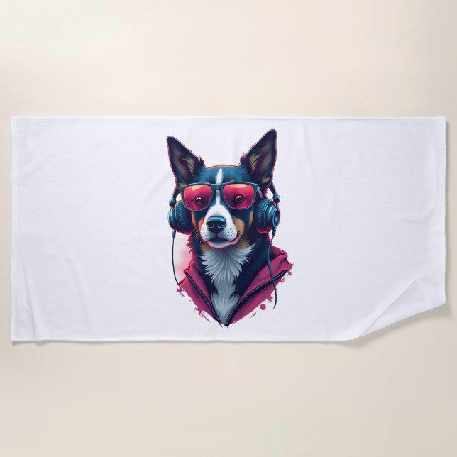 A Habu dog wearing sunglasses and headphones  Beach Towel (Front)