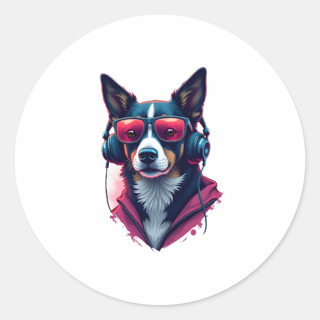 A Habu dog wearing sunglasses and headphones  Classic Round Sticker (Front)