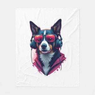 A Habu dog wearing sunglasses and headphones  Fleece Blanket
