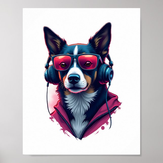 A Habu dog wearing sunglasses and headphones  Poster (Front)