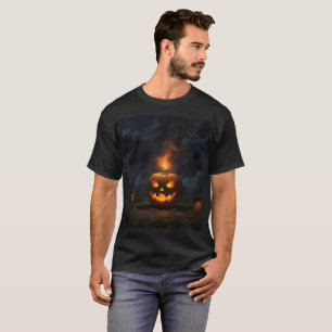 a halloween pumpkin is burning in the grass T-Shirt