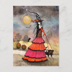 A Halloween Stroll Witch and Black Cats Art Postcard