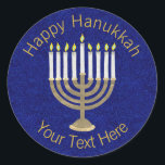 A Hanukkah Gold Menorah On Rich Blue Background Classic Round Sticker<br><div class="desc">A classic Hanukiah design in gold and white on a deep blue faux sparkle background features space for your personalised text making this round sticker a unique addition to your Hanukkah celebrations. Use these Hanukkah stickers on mailings, scatter on a gift package or tuck them into favour bags as party...</div>