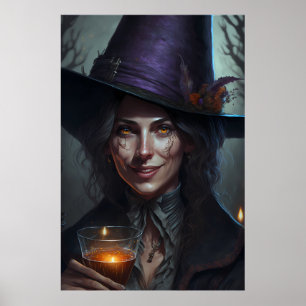 A happy beautiful witch drinking her potion poster