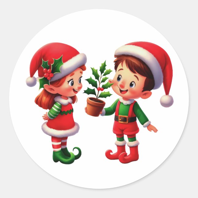 A happy boy and girl Christmas Elf Classic Round Sticker (Front)